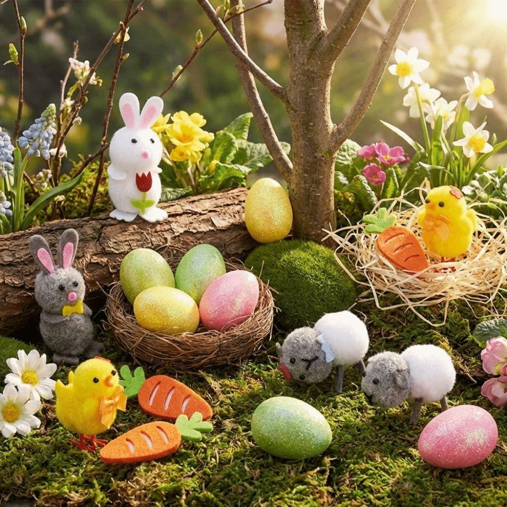 Realistic Plush Rabbit Figurine Happy Easter Easter Decoration Bunny Chicken Doll  Tree Decoration