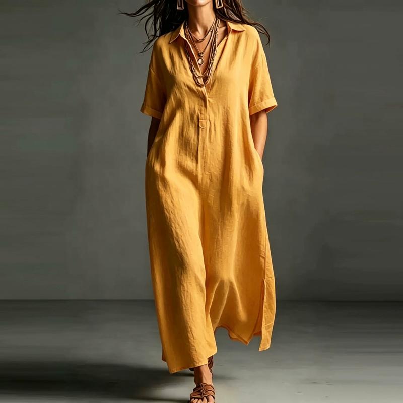 Vintage Summer Simple Casual Dress Solid Color Lapel Short Sleeved Loose Pullover Shirt for Office Dresses