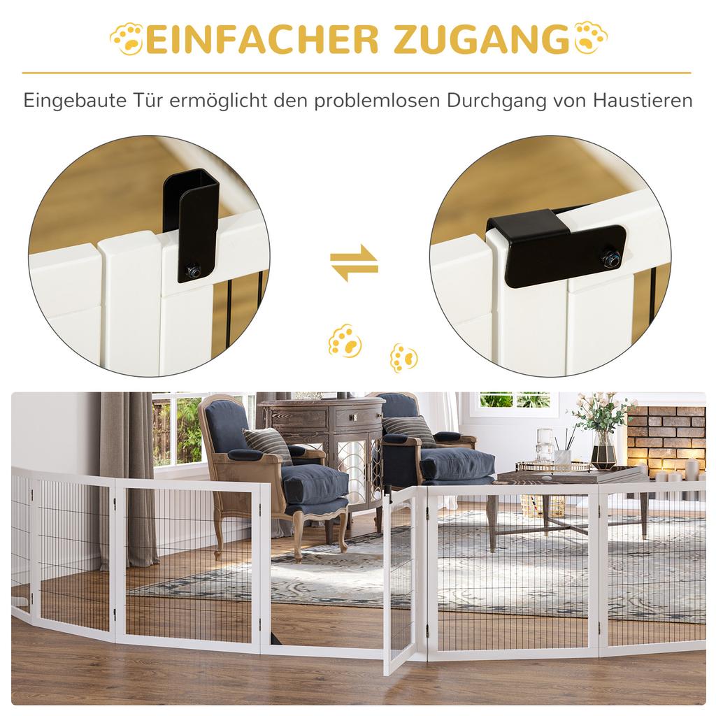 Wooden Pet Gate, Freestanding Dog Security Barrier, w/ 2 Support Feet, White