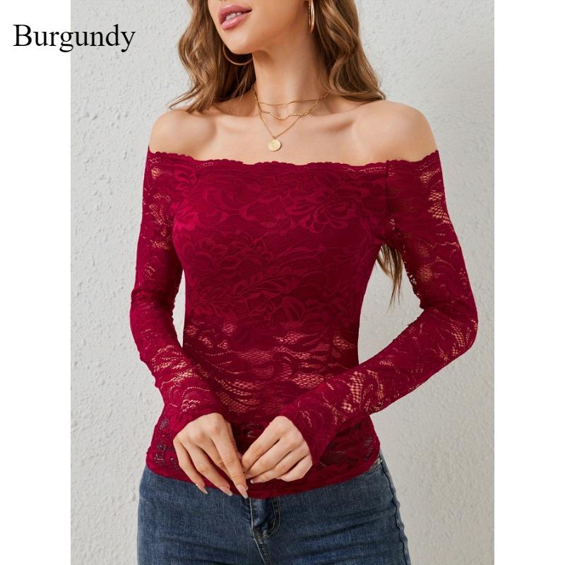 Pure Desire Spice One Line Neck Lace Top Женская новая сексуальная облегающая футболка с V-образным вырезом и элегантным открытыми плечами с длинным рукавом