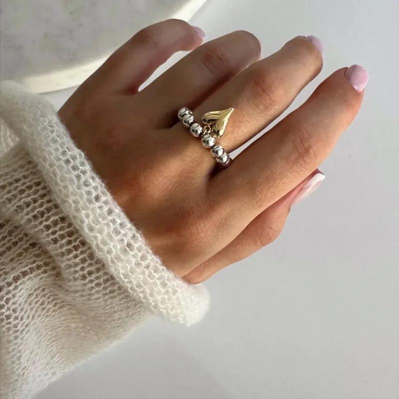 Винтажный кулон в форме сердца любви ручной работы, эластичные кольца из бисера для женщин, девушек, серебристого цвета, регулируемое кольцо из бусин, ювелирное изделие