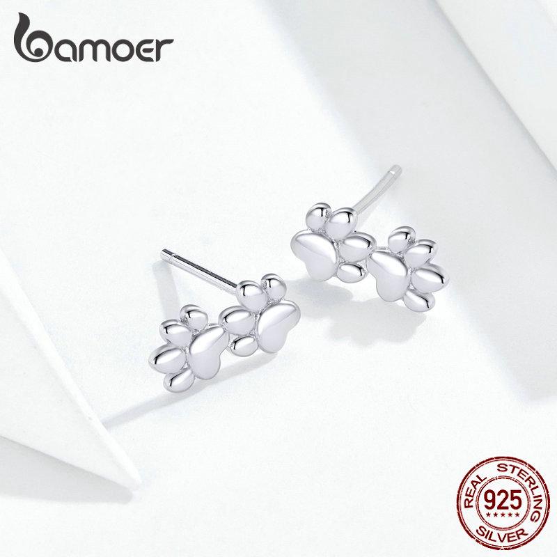 bamoer Dog Paw Silver Stud Earrings for Women 925 Sterling Silver Cat Pet Footprint Earings Jewelry Accessories SCE718
