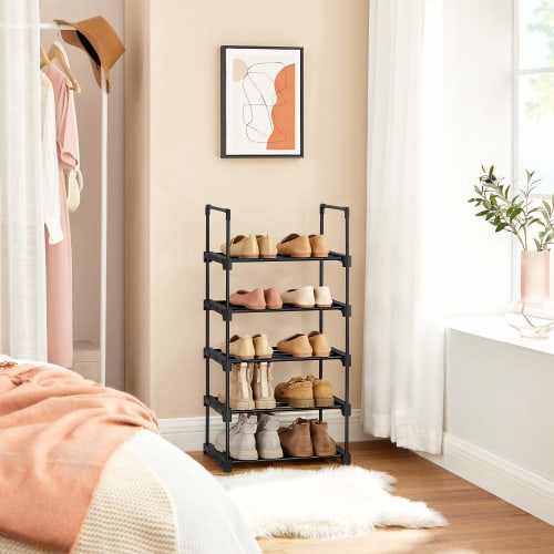 SONGMICS Shoe Rack, 5-Tier, Large Capacity, Slim Design, Dividable for Space-Saving Storage, Keeps Entryway Clean, Black (LSA005B02)