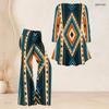Women Plus Size V Neck Three Quarter Sleeve Brown Beige Printed Flared Top Flared Pants Two Piece Set