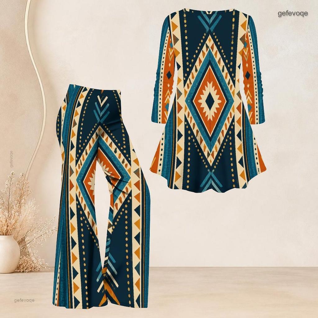 Women Plus Size V Neck Three Quarter Sleeve Brown Beige Printed Flared Top Flared Pants Two Piece Set
