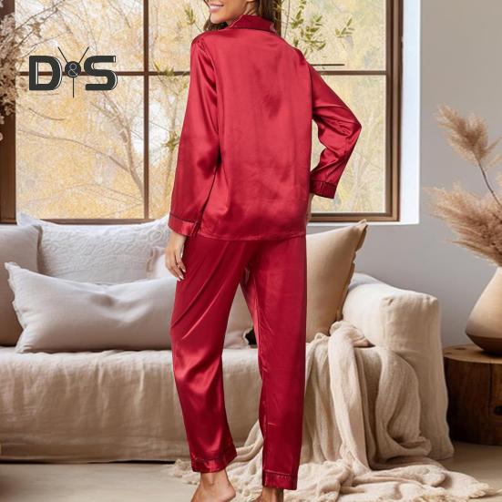 Пижамный костюм из 2 предметов, атласный однобортный кардиган, рубашка с V-образным вырезом, воротником-стойкой, однотонная рубашка с нагрудным карманом, широкие свободные брюки, ночная рубашка