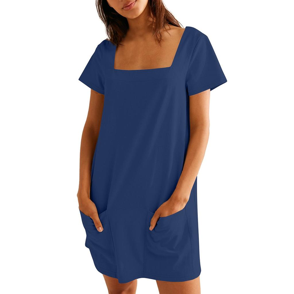 Женское однотонное повседневное платье с квадратным воротником и короткими рукавами, юбкой и карманом