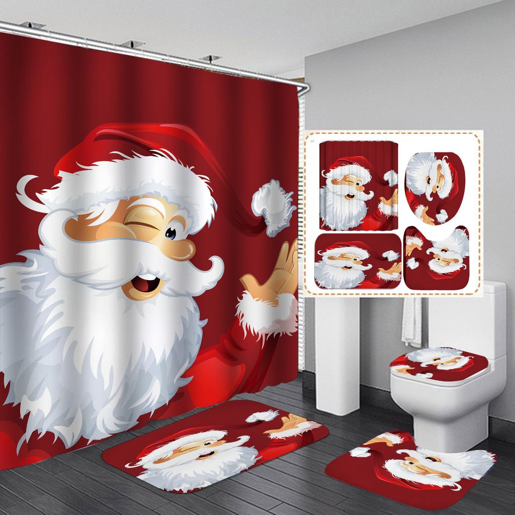 С Рождеством Ванная Комната 4 Шт. Набор Снеговик Санта-Клаус Узор Водонепроницаемая Занавеска Для Душа Коврик Для Унитаза Нескользящий Коврик Домашний Декор