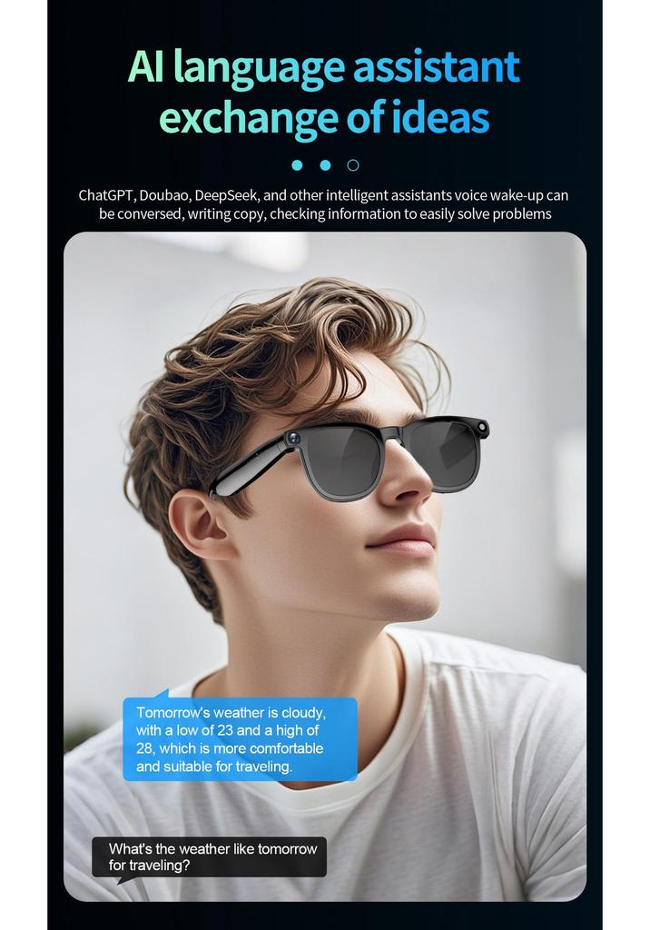CY01 Smart Glasses: 8MP Camera, AI Voice Assistant, Music, Calls, Photo/Video Recording, 16GB Storage.