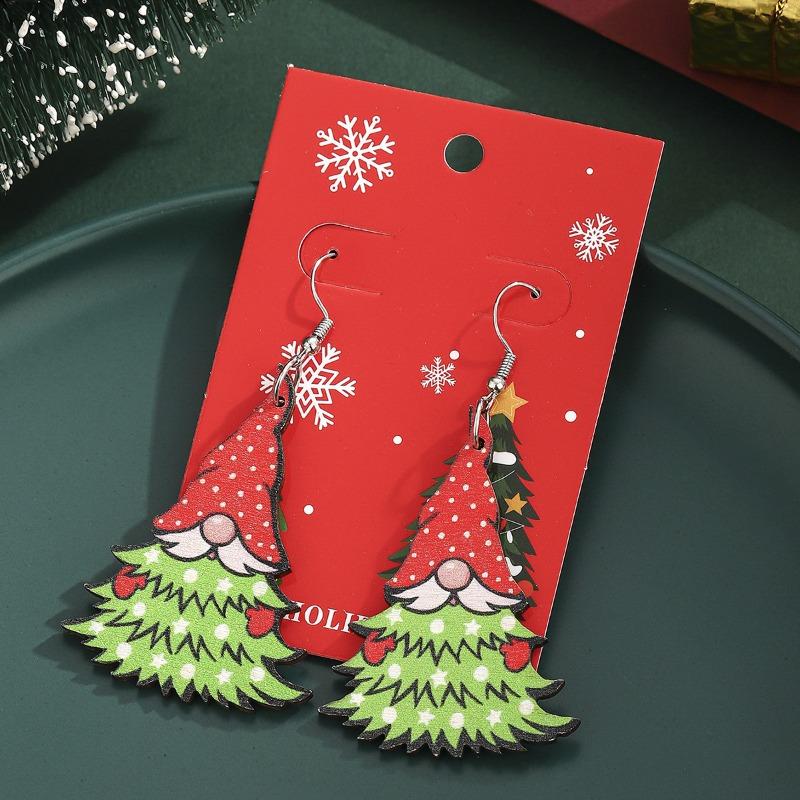 Christmas Fashion Earrings Wood Printed Stud Earrings Santa Ear Hooks Christmas Tree Earrings