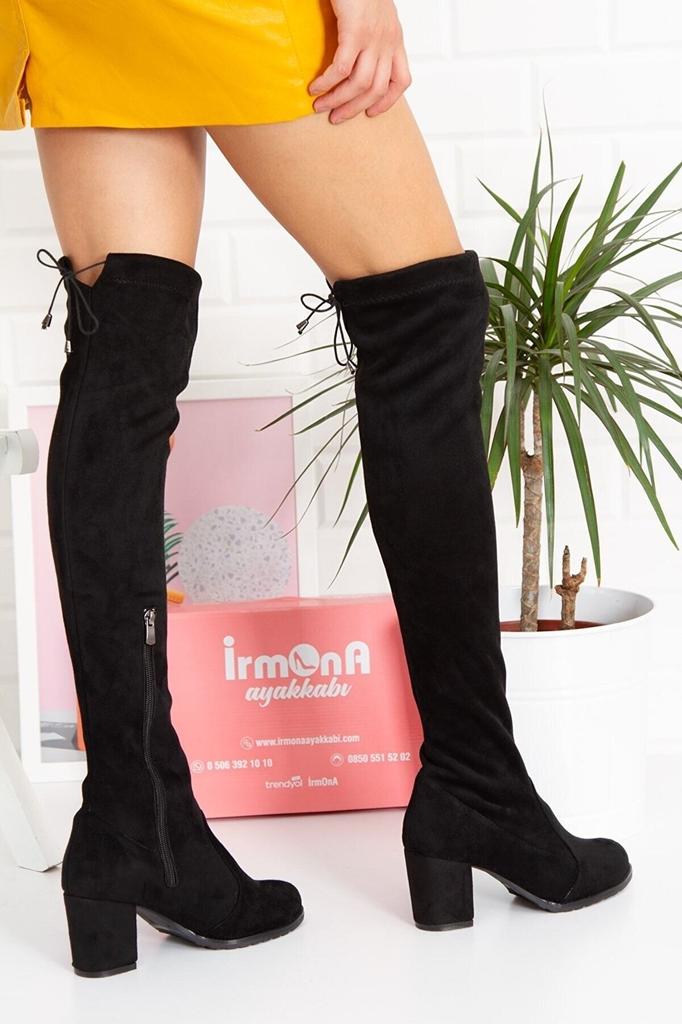 Женские современные стильные модные ботинки, ботинки из искусственной кожи, замши, черные замшевые эластичные носки, сапоги выше колена на толстом каблуке