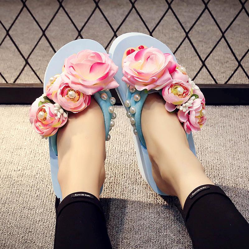 Женские летние тапочки на высоком каблуке 5 см, женские шлепанцы с блестками и цветами, праздничные дышащие нескользящие тапочки, уличная пляжная обувь