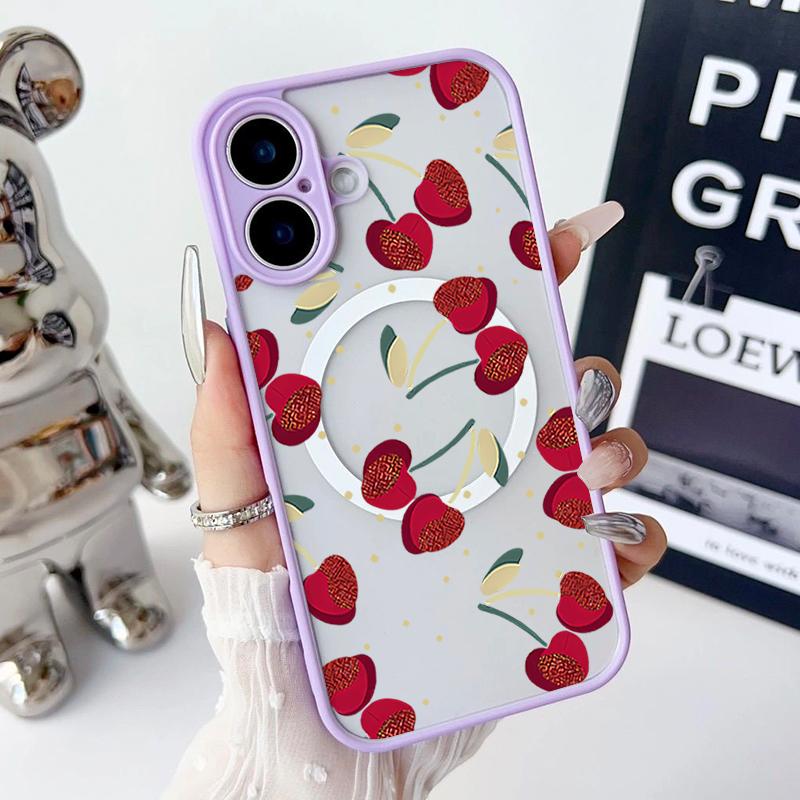 Cherry Pattern Magnetic Shockproof Phone Case for iPhone 16 15 14 Plus 13 12 Pro Max 11 Acrylic Hard Clear Plain Color Soft Edges Lens Protection Case