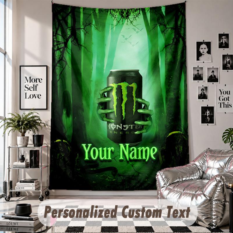 Wall Hanging Tapestry With Custom Name & Text, Monster Energy Decorative Tapestry For Bedroom