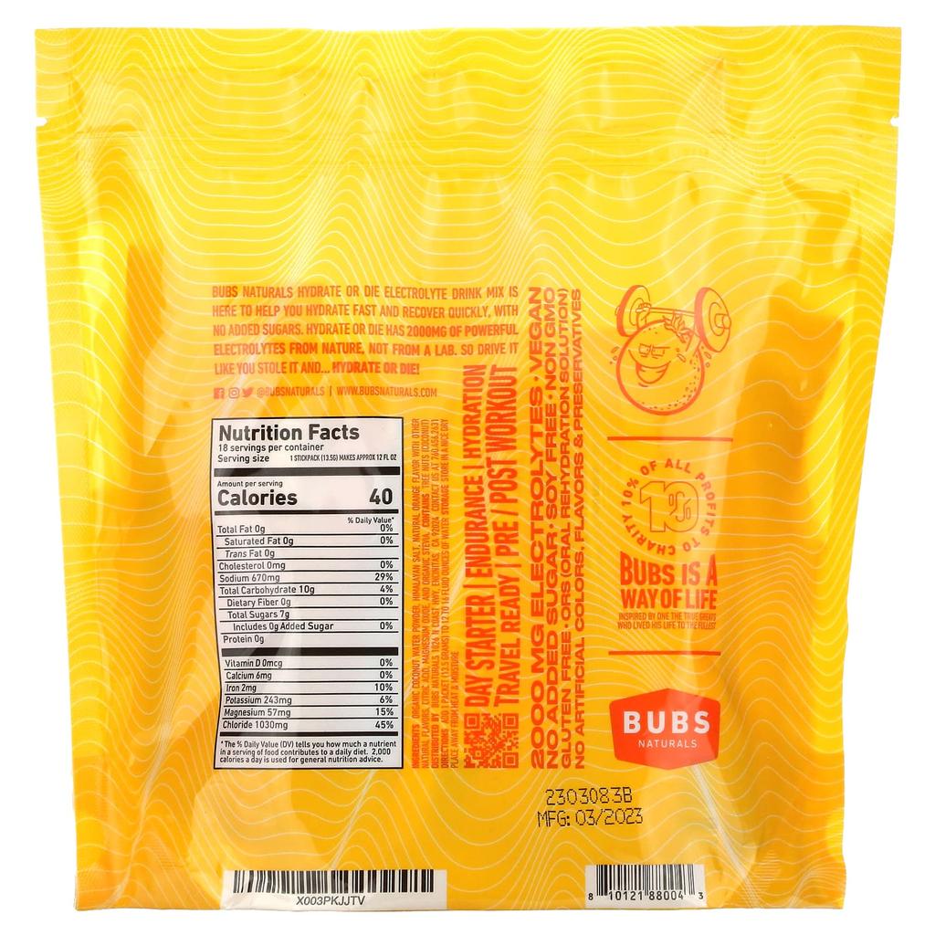 BUBS Naturals, Hydrate or Die, Electrolyte Drink Mix, Orange, 18 Sticks, 0.4 oz (13.5 g) Each