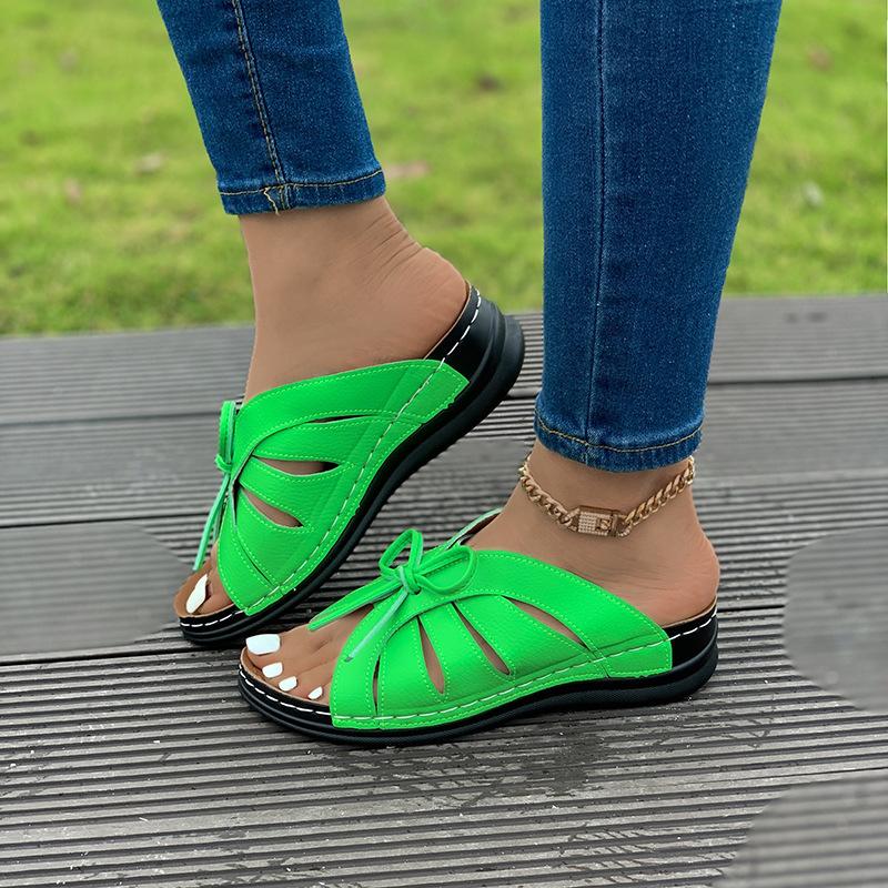 Shake line bow flat bottom hollow new solid color large size slippers slope heel slippers fish mouth
