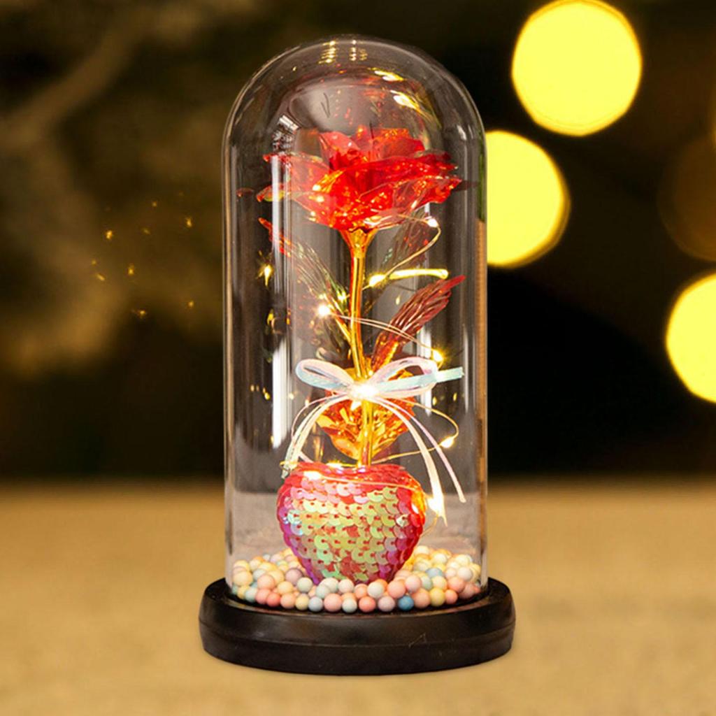 Glass Dome Artificial Flower Light up Gift for Wedding Birthday Party White Lamp