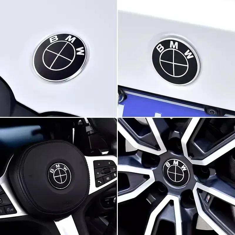 Эмблема на капот для BMW, логотип 81 мм, черно-белый + Задняя эмблема 74 мм + Колпак ступицы колеса 68 мм + Наклейка на руль 56 мм, 46 мм