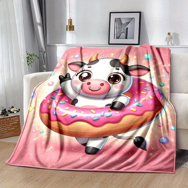 1pc Dairy Cow Printing Lightweight Flannel Blanket, Comfortable and Warm Blanket, for Camping Sofa Bed and Couch Office, Gift