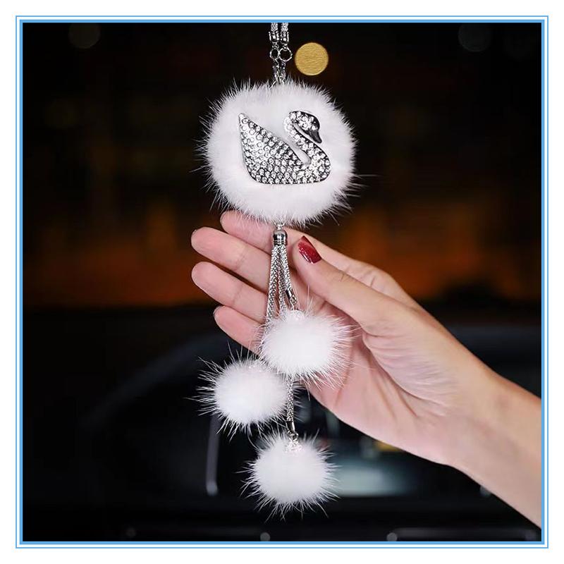 Автомобильный кулон, модный, алмазный, хрустальный, меховой шар, лебедь, элемент декора, автомобильное зеркало заднего вида, подвесные украшения для автомобиля, аксессуары