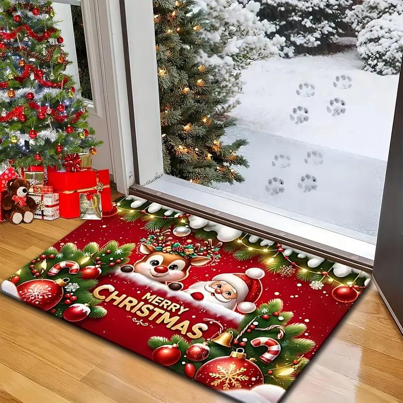 VIKAMA Bow Bell Poinsettia Christmas Doormat Non-Slip Washable Front Door Rug Indoor Outdoor Winter Holiday Decor