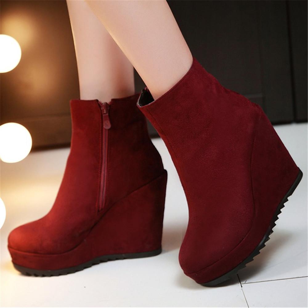 Мода 2025 Осень Зима Новые Стильные Женские Ботильоны Сексуальная Платформа Круглый Носок Клинья Ботинки Женские Ботильоны Большой размер 34-42 Синий Красный