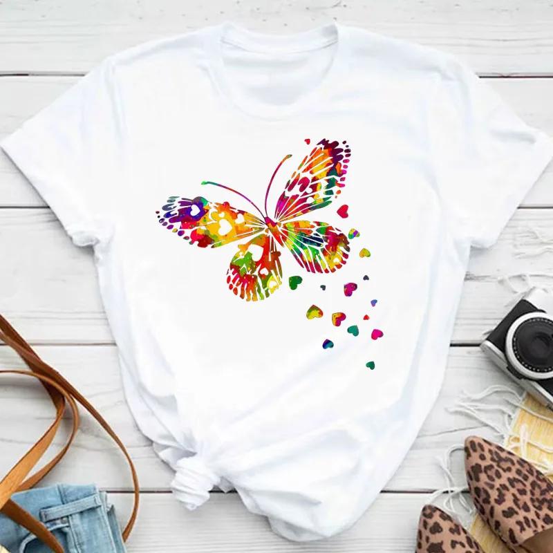 Women's Colorful Butterfly Petal Print T-shirt Short-sleeved Round Neck Cute Graphic Top