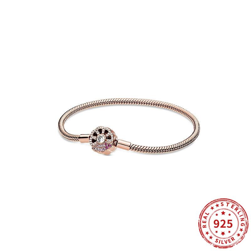 Настоящее серебро 925 пробы с бусинами из розового золота в виде змеиной цепи сияющий браслет с подвесками подходит для модных женских украшений Pandoa Charm