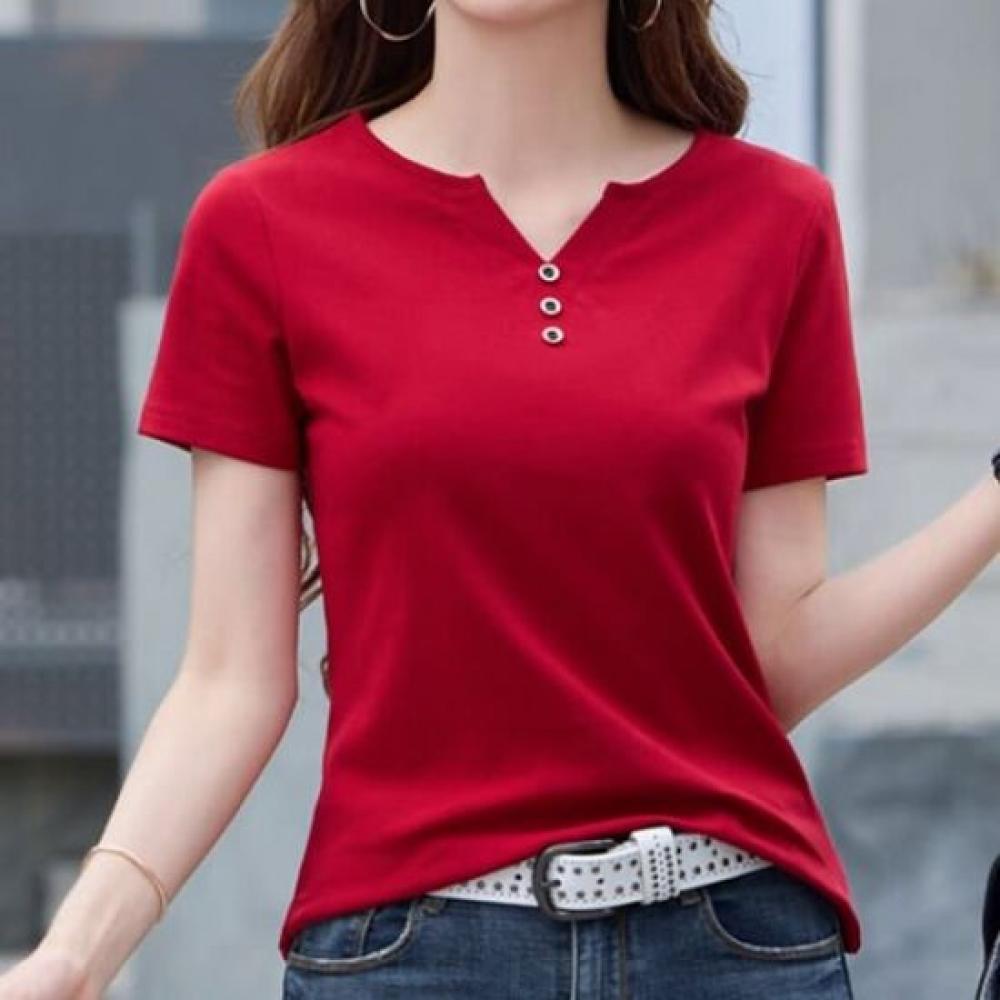 Navava Women Simple BuTTon PoinT SliT Neck ShorT Sleeve T shirT nT2433