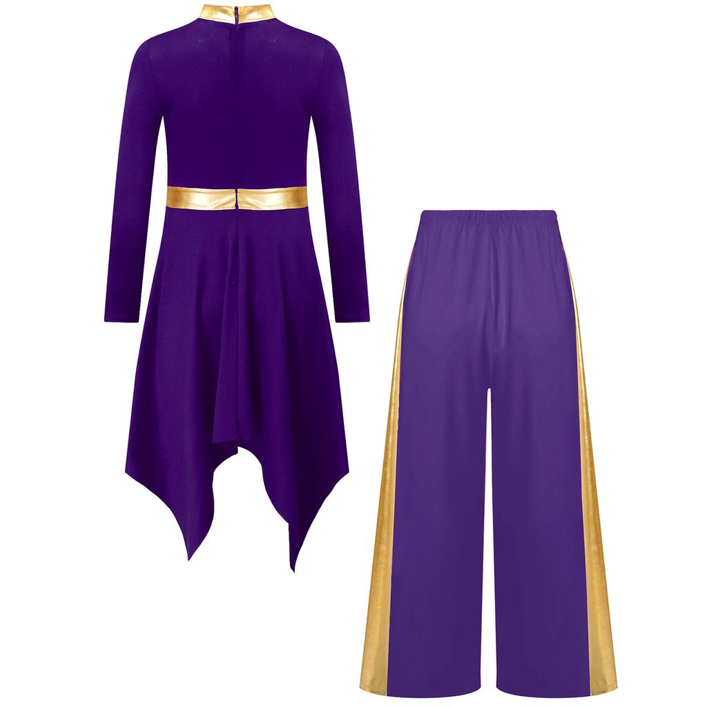 Комплект платья для танца хвалы и поклонения для девочек, с воротником-стойкой, длинными рукавами, асимметричным подолом, металлизированной лоскутной вставкой, контрастного цвета, с брюками широкого кроя