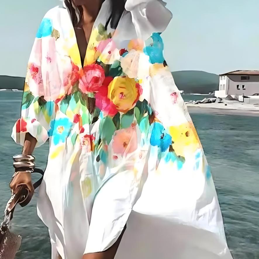 Весенне-летняя мода женское свободное повседневное платье-рубашка с длинным рукавом элегантное женское повседневное белое однобортное платье с принтом и лацканами