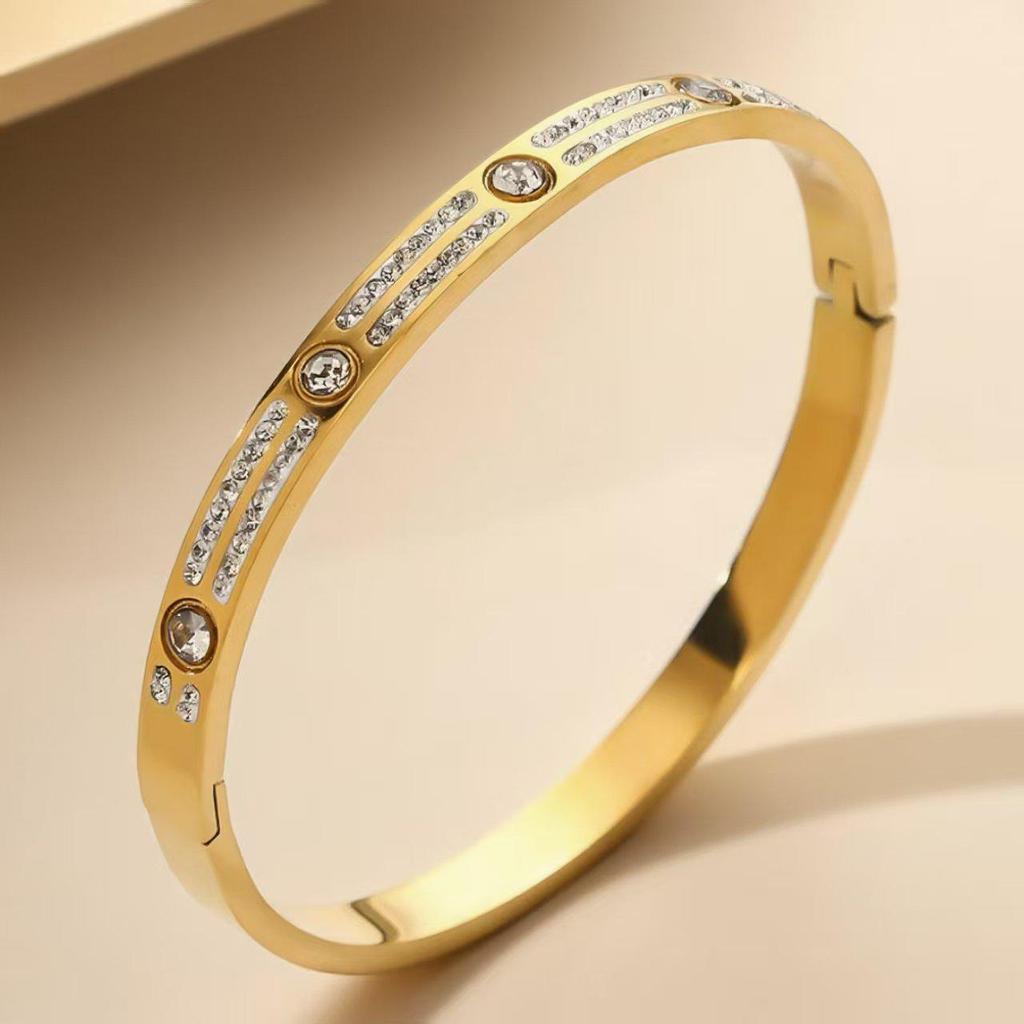 Elegant Roman Numeral Intertwined Titanium Steel Bracelet for Women - Diamond Inlaid, Double Layer, Colorfast Jewelry