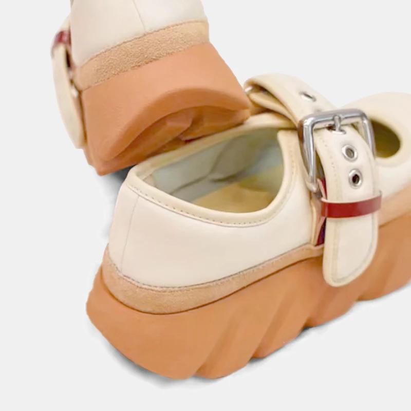 Mary Jane Shoes Women Metal Belt Buckle Shallow Thick-Soled Shoes Platform Height-Enhancing Sneakers Round Toe Sports Shoes