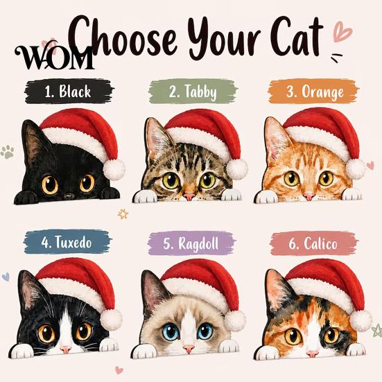 Holiday Table Decoration Cute Cat Shelf Sitter, Wooden Christmas Hat Peeking Desk Figurine, Funny Animal Craft Sign, Lover Gift for Home Office Tiered