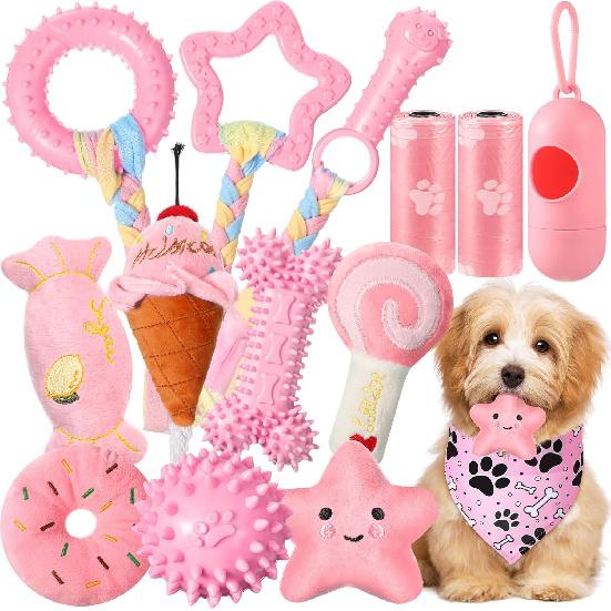 14 Pack Puppy Teething Toys, Chew Toys for Small Dogs Puppy Toys Pink Dog Stuff with Soft Rubber Balls and Colorful Ropes for Small Breed Interactive