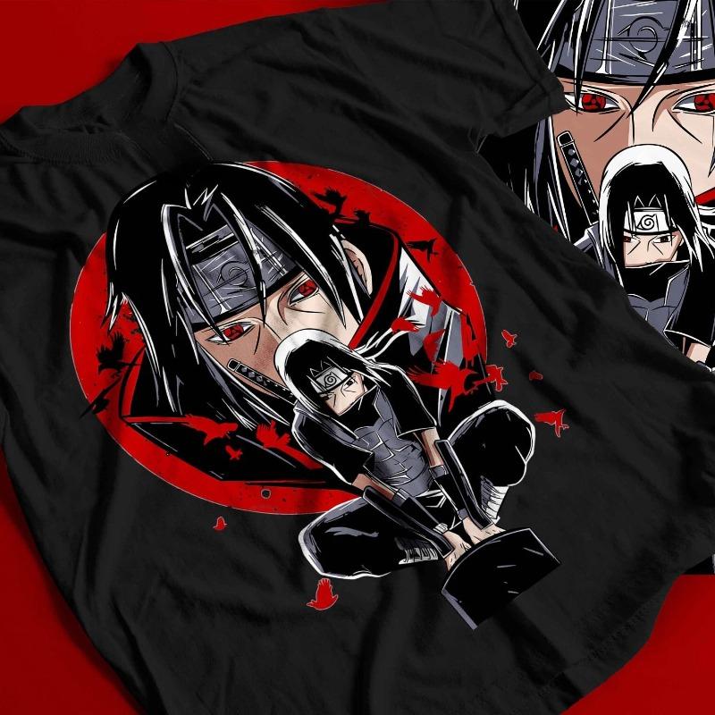 Футболка Итачи Учиха Наруто Двумерная Мужская футболка 2025 Лето Новинка Ретро Мужская и Женская Уличная одежда