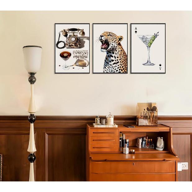 Leopard Set of 3 Canvas Wall Art Trendy Cheetah Wall Decor Painting Pictures Espresso Martini Posters Prints Preppy Aesthetic Artwork for Women