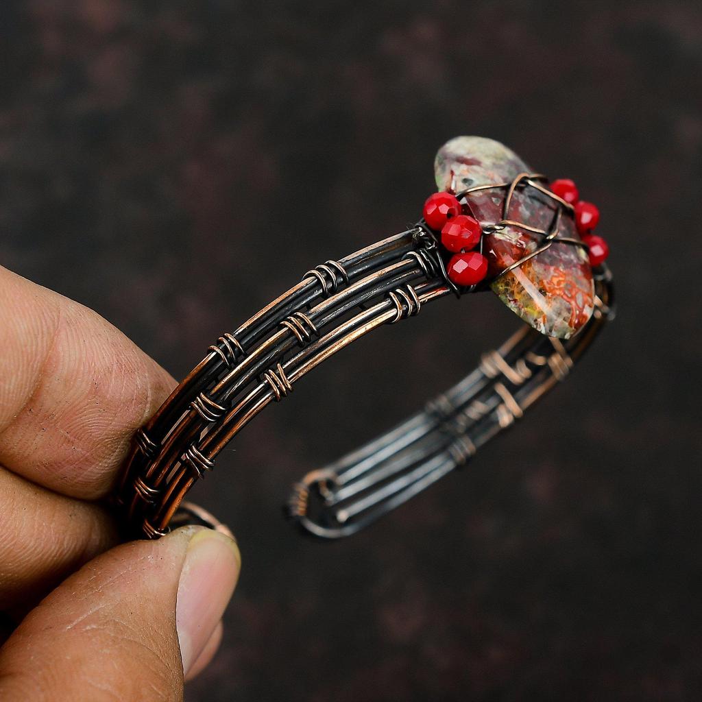 Браслет из мексиканской лагуны с кружевным агатом и медью, красные коралловые бусины, манжета, обмотанная медной проволокой, регулируемый браслет, обмотанный проволокой, браслет ручной работы