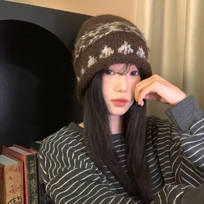 Women S Vintage Fair Isle Knit Beanie Oversized Roll Edge Winter Warm Hat