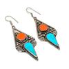 Red Coral Turquoise Gemstone Earrings Tribal Tibetan Nepali Jewelry 2.8" NE 5547
