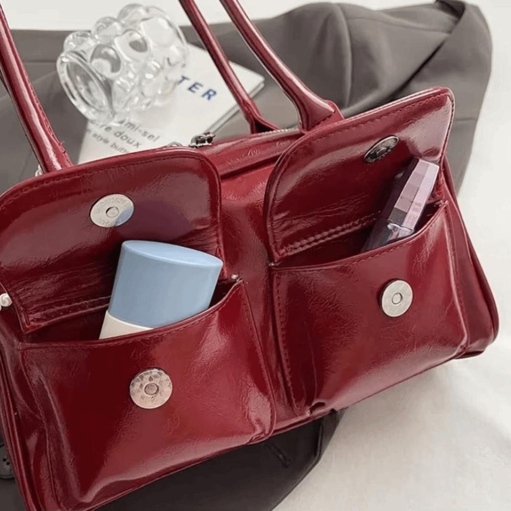 Handbag PU Bowling Bag Solid Color Underarm Bag Mini Pocket Boston Tote Bag Travel