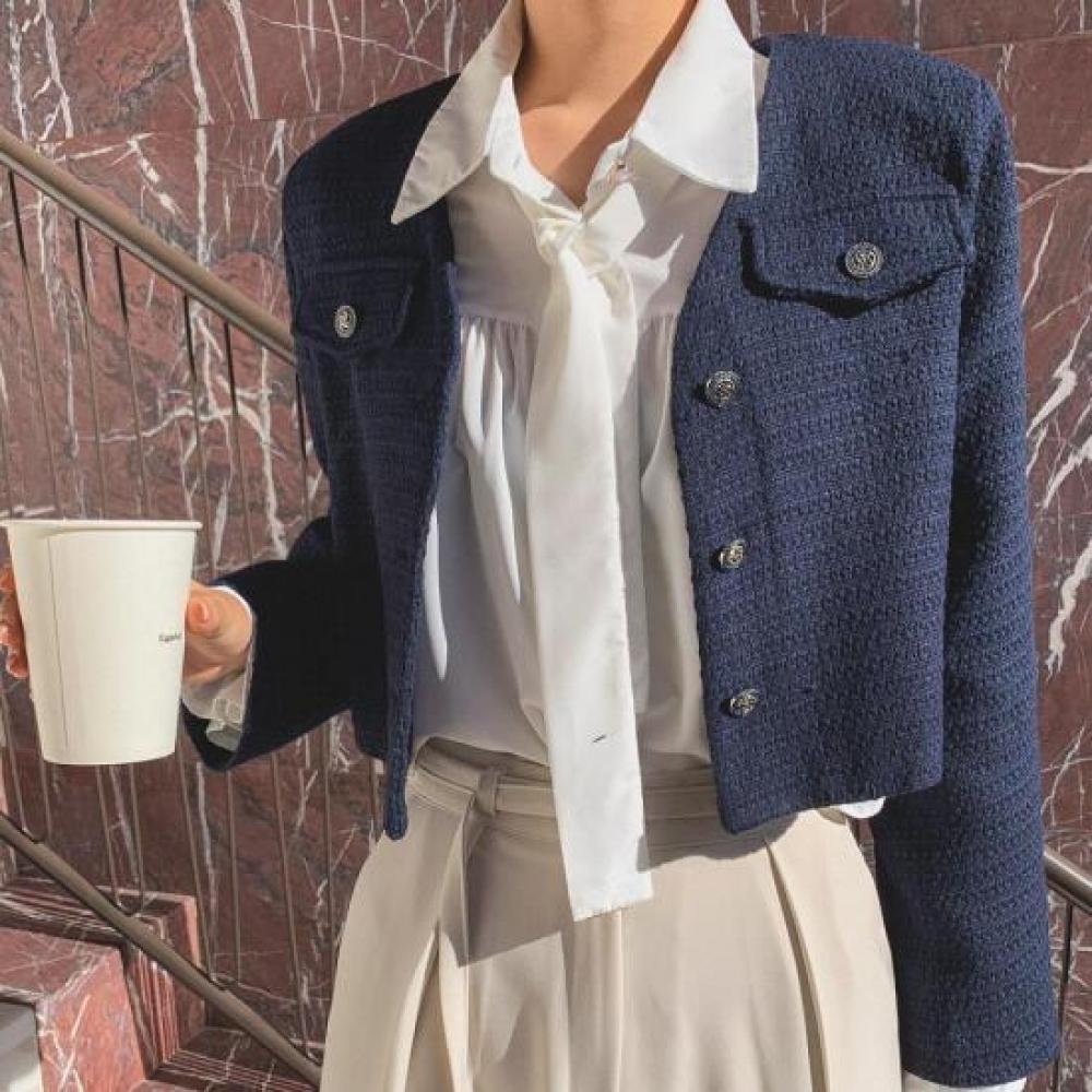 New ArriVals Open Run V Neck No Collar Cropped Tweed Jacket Pink Cream