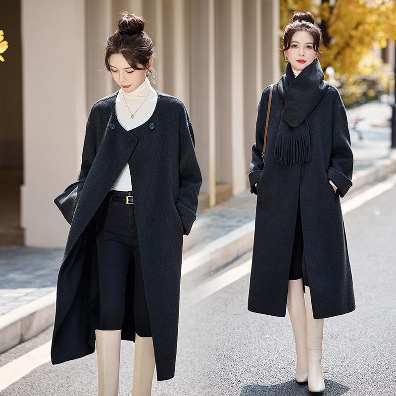 Осень и зима новая мода бахрома шарф двустороннее шерстяное пальто женское длинное темперамент шерстяное пальто