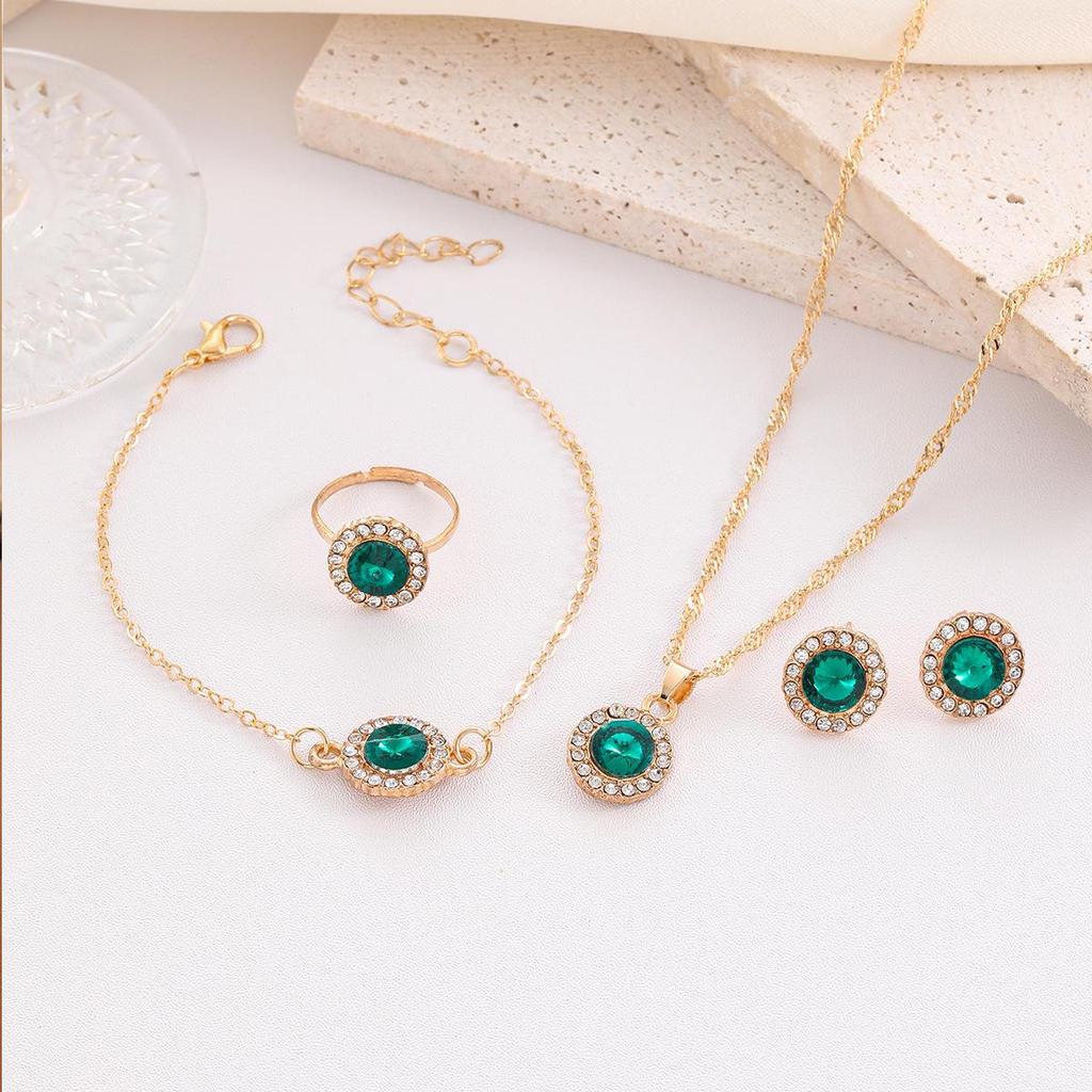 Elegant Jewelry Set: Diamond Earrings, Necklace, Bracelet, Ring, and Watch