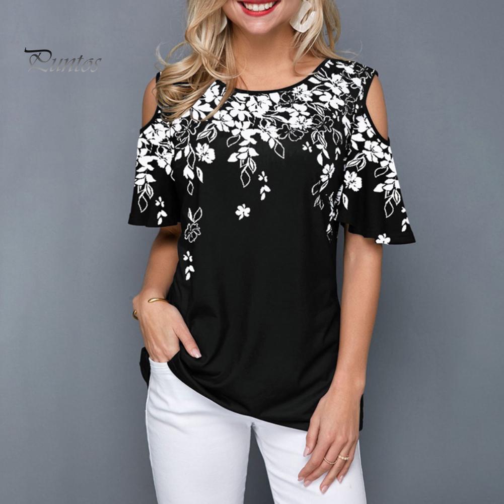 Женская сексуальная футболка с коротким рукавом с круглым вырезом и цветочным принтом, свободная футболка с открытыми плечами