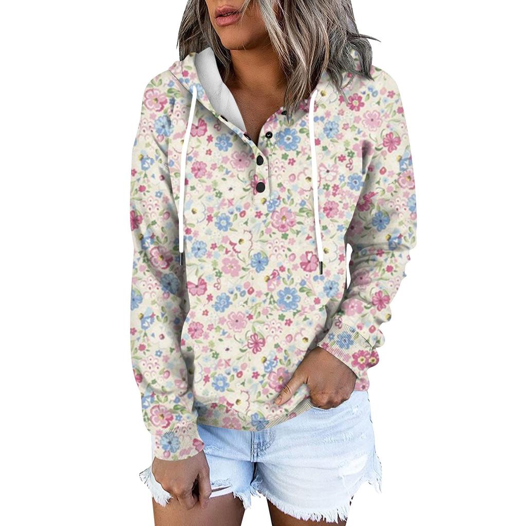 Women's Fashion Slim Fit Long Sleeve Floral Print Hooded Sweatshirt Top