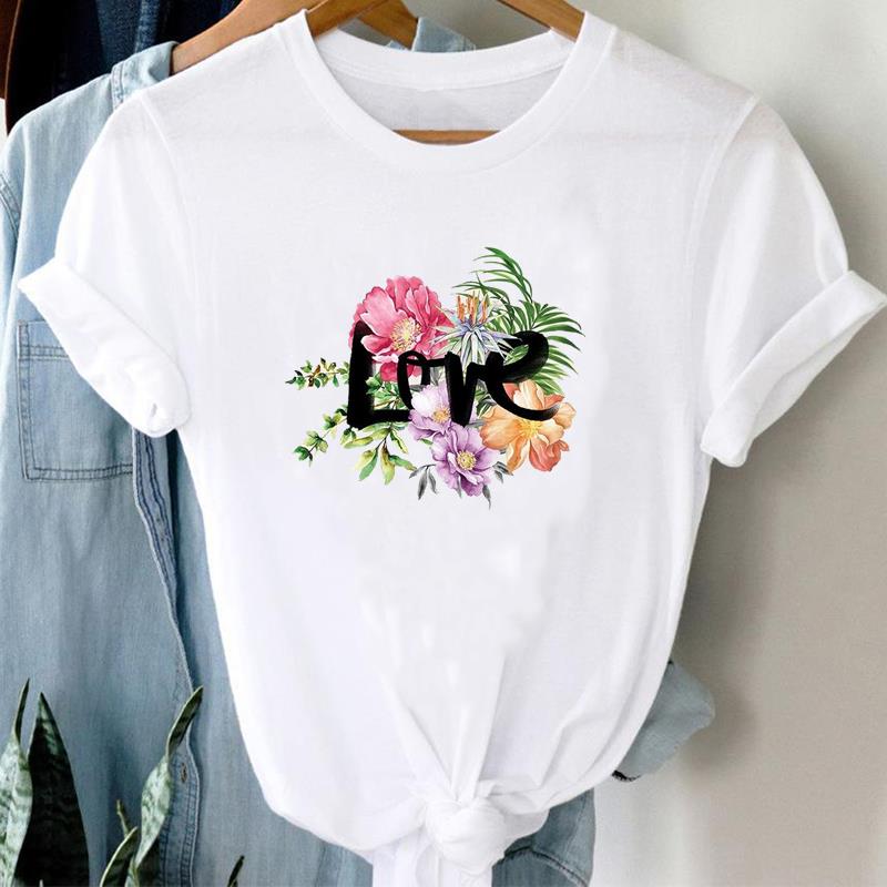 (Asian Size) Tee Top Fashion Love Letter Watercolor Flower T Shirt Women Print Lady Female Clothing Casual Short Sleeve Graphic T-shirt