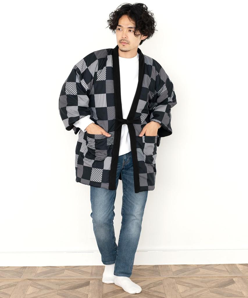 Winter Fleece Hanten Black Checkered [KYOETSU] Men's (2. Pattern, L)