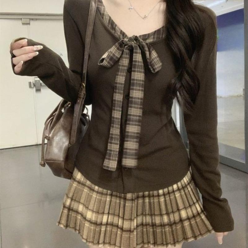 Женский кардиган с бантом, корейский стиль, V-образный вырез, вставки из кружева на шнуровке, однобортный, женский свитер, осенний модный свободный удобный женский топ