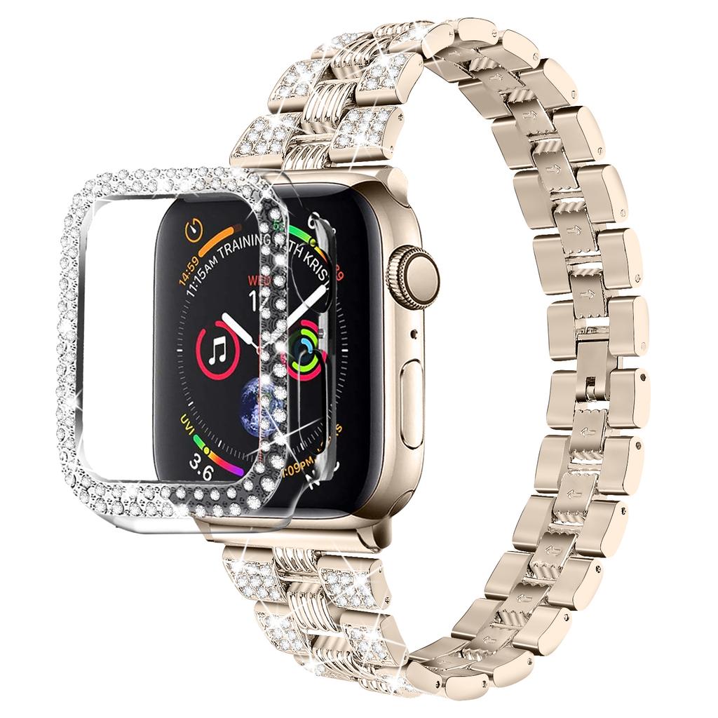 For Apple Watch Series 7 45mm 2-in-1 Design Stainless Steel Rhinestone Thread Watch Strap+Anti-drop Hard PC Watch Case
